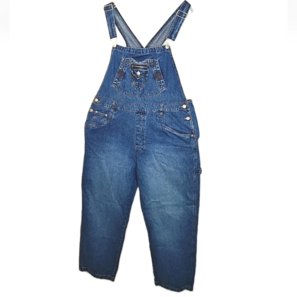 Vtg 90s Baggy Wide Leg Carpenter Bib Overalls Woman XL Blue Denim Garden Granny